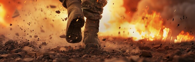 A closeup of the feet and boots of an army soldier walking in war, with explosions and fire around him. AI generated illustration - obrazy, fototapety, plakaty