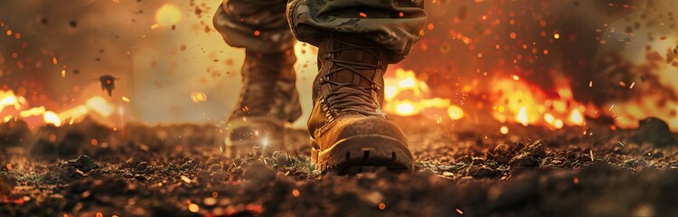 A closeup of the feet and boots of an army soldier walking in war, with explosions and fire around him. AI generated illustration - obrazy, fototapety, plakaty