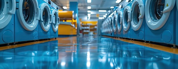 Selective focus on the second cover of washing machine with blurred row of vending washing machine background in the laundry shop. Self service concept. AI generated illustration - obrazy, fototapety, plakaty
