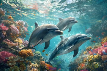 Illustrate a family of dolphins gracefully swimming in crystal-clear waters of a vibrant coral reef in a Digital Photorealistic rendering, highlighting their harmonious interaction with the environmen