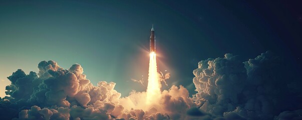A rocket is launching into the sky emitting smoke into the atmosphere. AI generated illustration