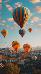 studio shot of A convoy of colorful hot air balloons floating above the landscape, realistic travel photography, copy space for writing