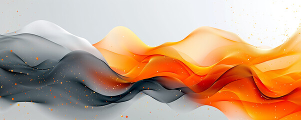 Orange and gray smooth waves in fluid motion. Texture of flowing semitransparent silky fabric. Dynamic abstract waveforms and sparkles on light neutral background.