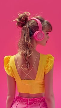 sequence of beautiful disco women backshot with funny twisted heads with headphones made with generative AI