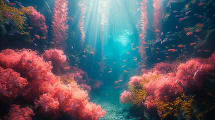 Fototapeta na wymiar An underwater dreamscape with luminous life