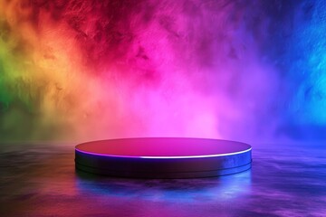 Empty round black platform podium stand for advertising on black background with rainbow steam smoke around. Mockup. Front view