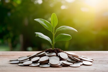 Money plant growing on a pile of coins indicating prosperity