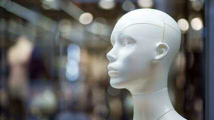 Female mannequin head in shop, department store shopping reflection beauty - obrazy, fototapety, plakaty