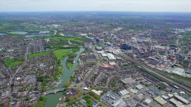 Sunny day in Caversham, Downtown Reading, and railway station, Berkshire, South of England. beautiful aerial view