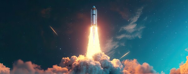 Rocket soaring through clouds in the sky, surrounded by natures beauty. AI generated illustration