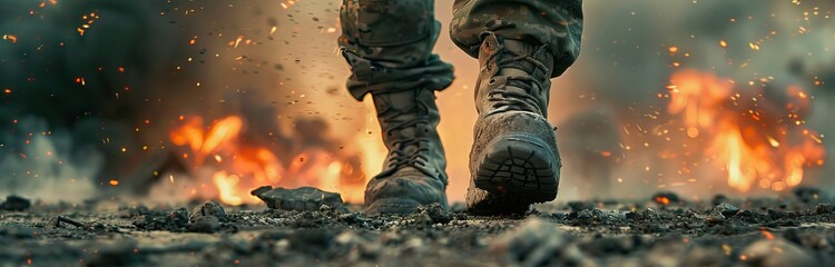 A closeup of the feet and boots of an army soldier walking in war, with explosions and fire around him. AI generated illustration - obrazy, fototapety, plakaty