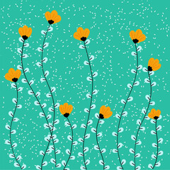 The image consists of orange flowers on a green background, they have light soft green leaves. The flowers are vertical, and are at the bottom of the image.