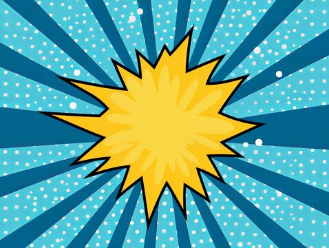 Blue background with a white blank space in the middle depicting a cartoon explosion with yellow rays and stars. 