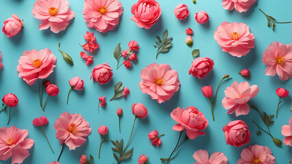 A vibrant array of pink spring flowers scattered artistically on a pastel blue background,...