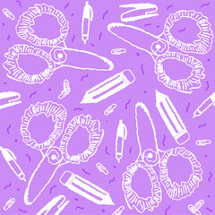 The image consists of a print or pattern with hand drawn school supplies