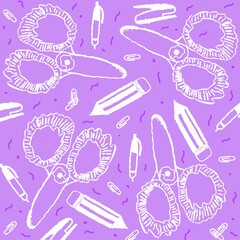 The image consists of a print or pattern with hand drawn school supplies