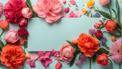 A vibrant overhead composition of assorted spring blooms in pinks and oranges, featuring tulips and peonies for seasonal spring design and decoration concepts