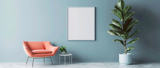 Discover tranquility with a cozy single sofa chr in gentle coral pink, complemented by a charming little rubber plant, and a blank empty white frame adorning a serene, unembellished wall.