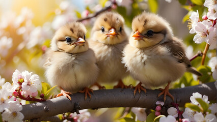 Two adorable baby birds perch on a branch surrounded by the blossoming beauty of spring with blurred blossoms