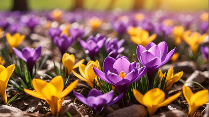 A springtime display captures the essence of spring with vibrant purple and yellow crocuses...