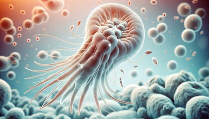 Illustration of a Giardia lamblia, a microscopic parasite with flagella. Digital art of protozoan causing giardiasis. Concept of microbiology, parasitic diseases, scientific visualization. - obrazy, fototapety, plakaty