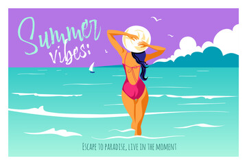 Summer vibes and Travel concept design. Typography Letter and young woman in sun hat enjoying sea
