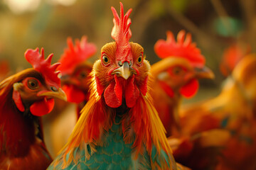 Fototapeta premium Vibrant colorful rooster and hens on a close-up farm portrait. Perfect piece for various uses including art, education, and commercial purposes.