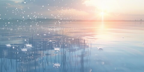 The gossamer caught in the golden sunrise over a tranquil lake offers a dreamy visual for inspirational messages or serene decor.