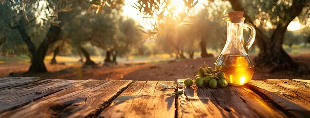 Glass container with olive oil on wooden table with branches and olives in crop field full of olive trees with sunshine. AI generated illustration
