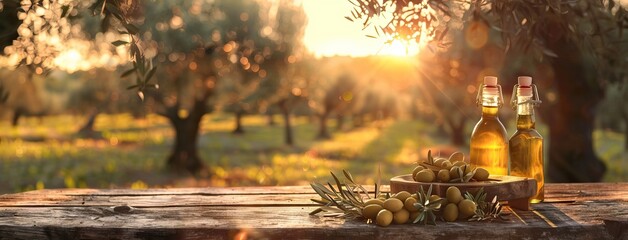 Glass container with olive oil on wooden table with branches and olives in crop field full of olive trees with sunshine. AI generated illustration