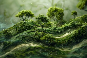Macro photography of a lush green landscape with miniature trees, resembling a tiny forest oasis amidst undulating terrain, perfect for nature and fantasy themes.

