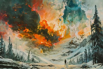 Dramatic landscape painting capturing a person facing a vivid, fiery sky above snowy mountains, invoking a sense of awe and the sublime in nature.

