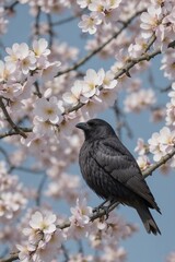 Crow on a cherry blossom tree branch full of flowers