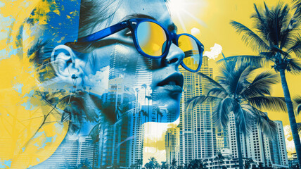
Stylish woman in blue sunglasses blended with a beach-city collage in vibrant yellows and blues, evoking urban seaside summer. Ideal for dynamic branding.