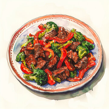 Watercolor plate of beef stir-fry with red bell peppers and broccoli, Juicy and Vibrant, Kitchen Art Illustration