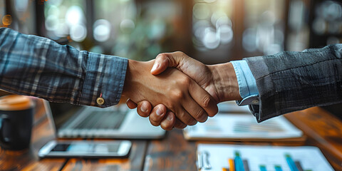 Successful business merger handshake with upward graphs symbolizing growth and teamwork in a corporate cityscape