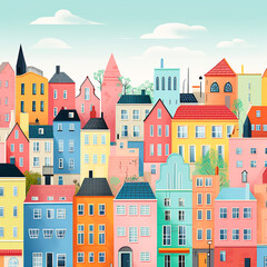 Illustration of a city with lots of simple colorful houses, simplistic style