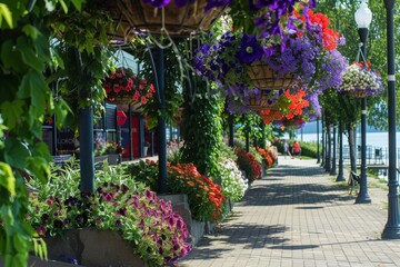 Fototapeta na wymiar Nature's Palette on Display: A Waterfront Promenade Lined with Exquisite Petunias and Geraniums in Full Bloom