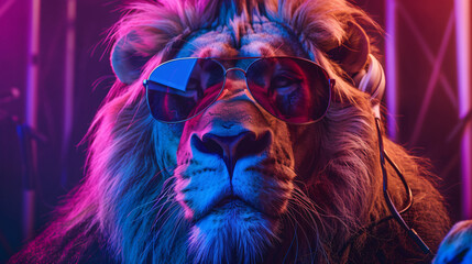 Cool young DJ lion in sunglasses in colorful neon