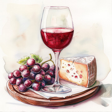 Watercolor glass of red wine with grapes and a cheese platter, Juicy and Vibrant, Kitchen Art Illustration