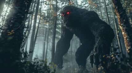 A bigfoot standing in a wooded area, its eyes glowing red in the darkness
