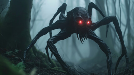 A creepy spider lurking in the midst of a dense forest setting