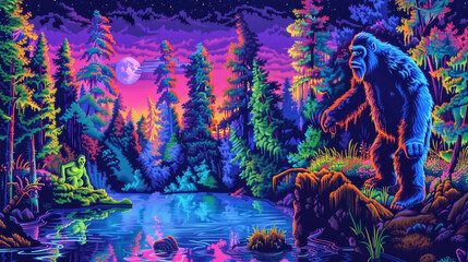 A colorful, twilight depiction of Bigfoot and an alien beside a serene, forest-lined lake under a moonlit sky