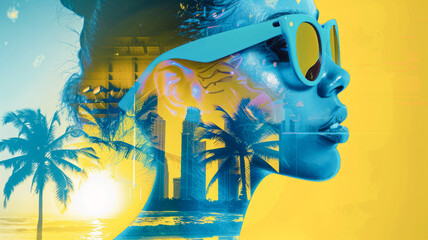 
Stylish woman in blue sunglasses blended with a beach-city collage in vibrant yellows and blues, evoking urban seaside summer. Ideal for dynamic branding.