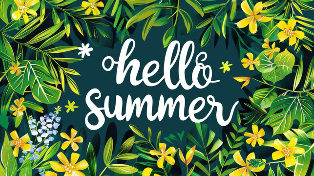 The words Hello Summer surrounded by vibrant tropical leaves and colorful flowers, creating a cheerful and inviting atmosphere
