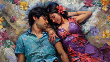 A painting depicting a man and a woman laying down on a bed of colorful flowers, surrounded by a vibrant floral arrangement