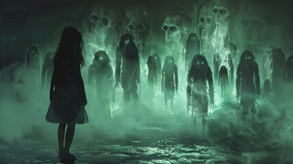 A solitary girl faces a group of eerie, ghostly figures emerging from a misty, dark background - obrazy, fototapety, plakaty