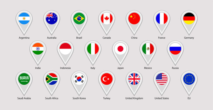 G20 flags map pointers stickers vector illustration. US, EU, Canada, China simple national symbols with location sign, markers and members states names. The Group of Twenty official flags icons