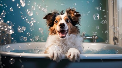 Happy cheerful dog takes a bath with foam and bubbles. Can be used for grooming salons, veterinary clinics
