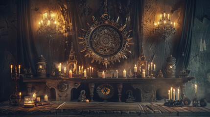 Obraz premium A room illuminated by numerous candles with a prominent clock in the center, creating a warm and cozy ambiance
